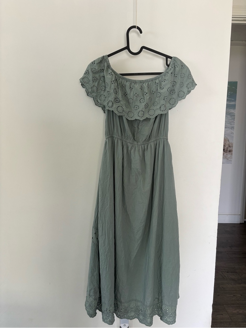 Off-Shoulder Eyelet Midi Dress in Sage Green - Picture 3 of 11